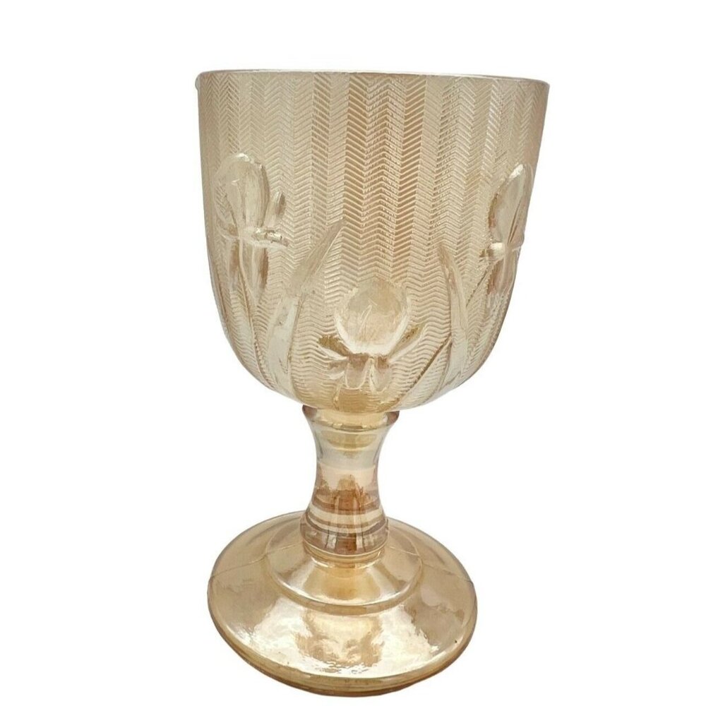 Jeannette Iridescent Marigold Cordial Carnival Glass Vintage Iris & Herringbone